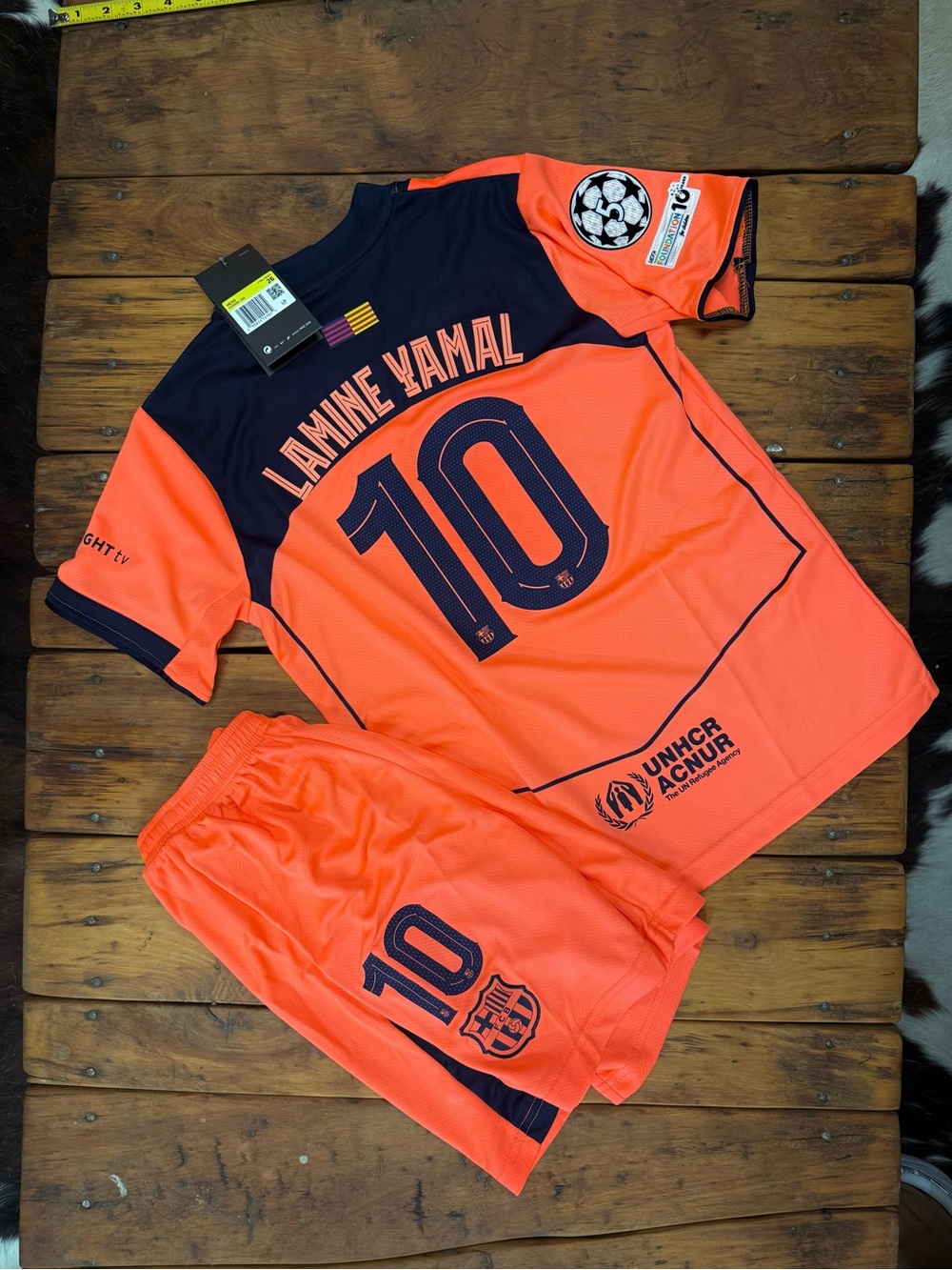 Nike kids 25/26 FCB Lamine Yamal soccer kit (jersey/shorts), full patches. NWT